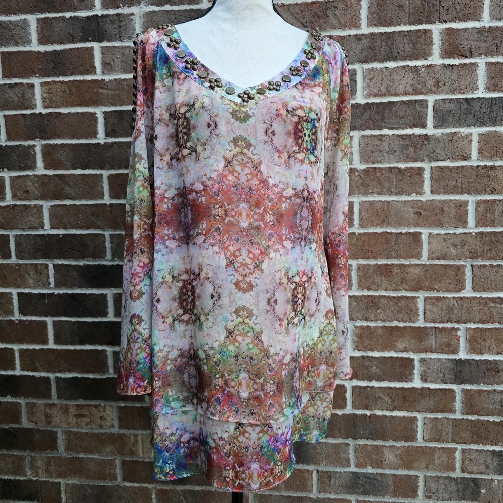 Christina Colorful Sheer Cold Shoulder Blouse Studded Neckline Size M